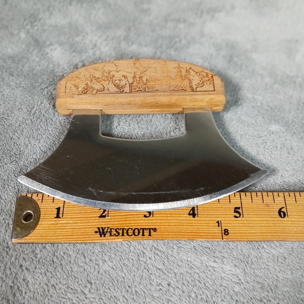 Alaska Ulu Knife Wood Carved Bear Wolf Scene Stainless Steel 5.5